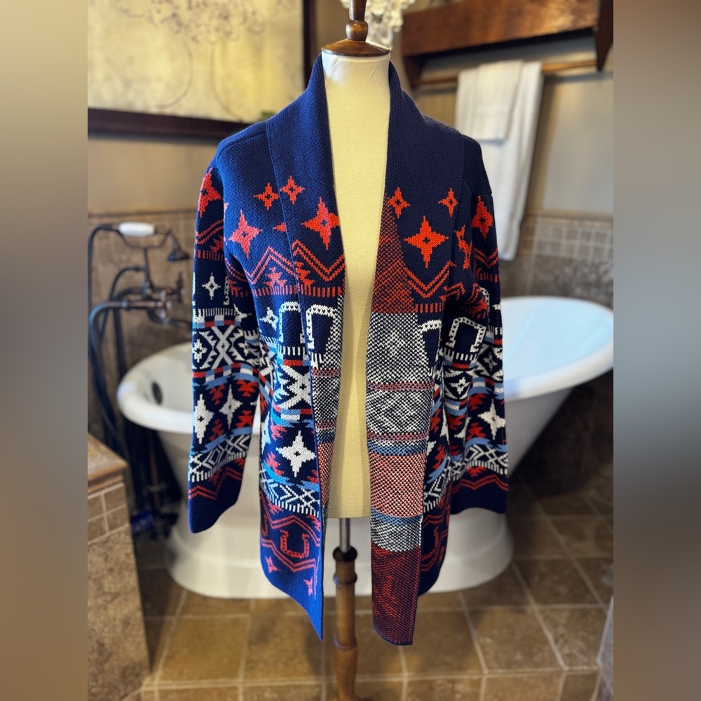 NWT Lucky Brand Geometric Navy and Red Cardigan with horse shoes size large - Picture 6 of 10